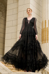 Naomi Plunge Neck Long Sleeves Ruffled Princess Dress